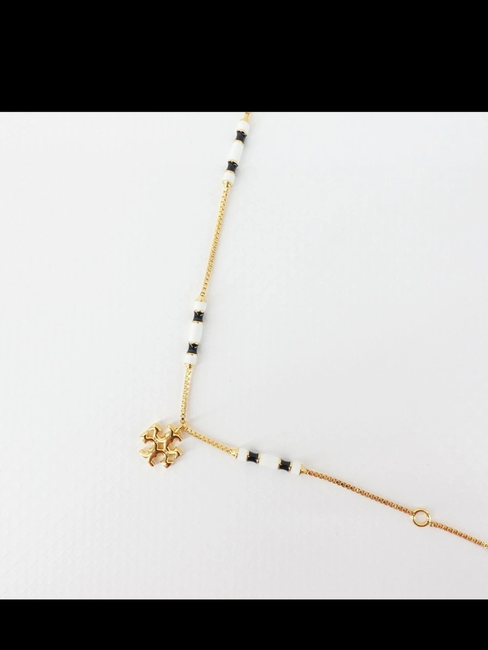 New Tory Burch Gold Bracelet with Black and White Beads and Logo Charm